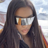 Lianfudai Cyberpunk Goggles Futuristic Party Glasses One Piece Wrap Around Silver Mirror Sunglasses Women Men Sunnies Shades Sun Glasses