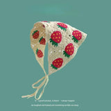 Lianfudai Korean Small Mushroom Strawberry Handmade Crochet Hollow Triangle Headband Towel Sweet Cute Strap Hair Bag Headscarf Hat