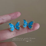 Lianfudai 2024 New Streamer Blue White Butterfly Stud Earrings