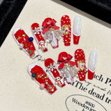 Lianfudai 10Pcs Christmas Red New Year Gift Fake Nails Hand Painted Checkered 3D Santa Claus Diamond Bow Design Nail Art Press on Nail TipChristmas Nails