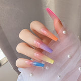 Lianfudai - 24 pcs Rainbow Gradient Coffin Long Press On Nails - Glossy Acrylic Ballerina False Nails for Women and Girls