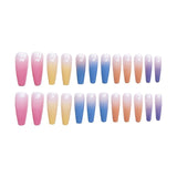 Lianfudai - 24 pcs Rainbow Gradient Coffin Long Press On Nails - Glossy Acrylic Ballerina False Nails for Women and Girls