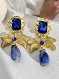Lianfudai 2024 New Bow Knot Rhinestone Handmade Blue Glass Earrings