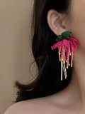 Lianfudai 2024 New Silver Pin Flower Beaded Tassel Earrings