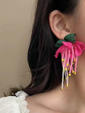 Lianfudai 2024 New Silver Pin Flower Beaded Tassel Earrings