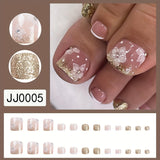 Lianfudai - 24pcs Sparkling Golden Glitter Flower Press On Toenails with Rhinestone Design - Glossy Full Cover Short Square False Toenails for Women and Girls