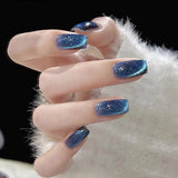 Lianfudai 24Pcs/Set Gray Gradient Glitter Cat Eye Fake Nails Art Removable Artificial Press on Acrylic Nails Hot Nails Stick on Nail Tips
