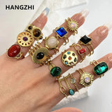 Lianfudai New Bohemian Women's Ring Colorful Natural Stones Stainless Steel Tarnish Free Jewelry for Woman Wedding Ring Gifts