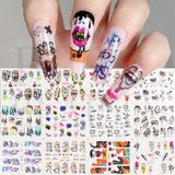 Lianfudai 12pcs Neon Graffiti Rainbow Design Stickers For Nails Halloween Skeleton Bleeding Ghost Vessel Sliders Decor Accessory LEJF37-48