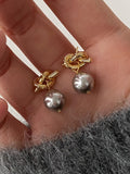 Lianfudai 2024 New Retro Knotted Metal Gray Pearl Stud Earring