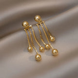 Lianfudai 2024 New Golden Pea Tassel Drop Earrings For Woman Korean Fashion Jewelry Party Neo Gothic Girls Unusual Ear Accessories