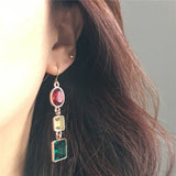 Lianfudai Lovely Gold Color Deep Red Yellow Light Rose Blue and Green Stone Square Oval Linked Drop Earring For Women Party Gift Jewelry