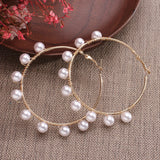 Lianfudai New white boho imitation pearl round circle hoop earrings female gold color big earrings korean jewelry statement earrings