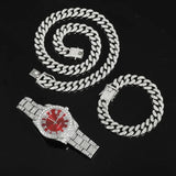 Lianfudai Hip Hop 13MM 3PCS KIT Watch+Necklace+Bracelet Bling Crystal AAA+ Iced Out Cuban Chain Rhinestones Chains For Women Men Jewelry