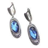 Lianfudai Oval Crystal Earrings With Blue Stone Retro Style Ear Drop Black Rhinestone Vintage Jewelry Wholesale