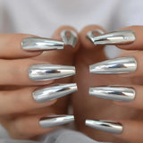 Lianfudai Silver Coffin Fake Nails Long Ballet Metallic False Nail Tips Solid Color Mirror Press On Nails Art Manicure At Home Salon Tools