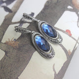 Lianfudai Oval Crystal Earrings With Blue Stone Retro Style Ear Drop Black Rhinestone Vintage Jewelry Wholesale