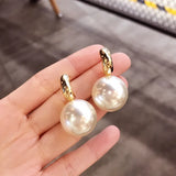 Lianfudai Fashion Korean Oversized Pearl Drop Earrings for Women Bohemian Golden Round Pearl Wedding Earrings Jewelry Party Gift