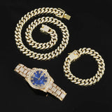 Lianfudai Hip Hop 13MM 3PCS KIT Watch+Necklace+Bracelet Bling Crystal AAA+ Iced Out Cuban Chain Rhinestones Chains For Women Men Jewelry