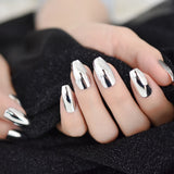 Lianfudai Bright Silver Artificial Mirror Nails Set Coffin Shaped Nail Metallic Chrome Acrylic Nail Kit with Adhesive Tabs