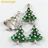 Lianfudai 10PCS Green Enamel Small Christmas Tree Charms Wholesale Christmas Deco Handmade Crafts Necklace Pendant Accessory Jewelry