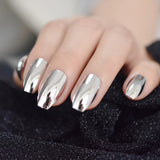 Lianfudai Bright Silver Artificial Mirror Nails Set Coffin Shaped Nail Metallic Chrome Acrylic Nail Kit with Adhesive Tabs