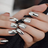 Lianfudai Bright Silver Artificial Mirror Nails Set Coffin Shaped Nail Metallic Chrome Acrylic Nail Kit with Adhesive Tabs