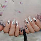 Lianfudai Bright Silver Artificial Mirror Nails Set Coffin Shaped Nail Metallic Chrome Acrylic Nail Kit with Adhesive Tabs