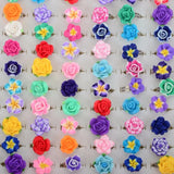 Lianfudai 20Pcs /Lots Kids Rings Wholesale Mixed Colors Flower Polymer Clay Finger Ring Adjustable For Children Gift