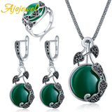 Lianfudai Vintage CZ Leaf Design Jewelry Set With Green/Red/Black Resin Stone For Women Luxury Birthday Gift For Party