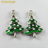 Lianfudai 10PCS Green Enamel Small Christmas Tree Charms Wholesale Christmas Deco Handmade Crafts Necklace Pendant Accessory Jewelry