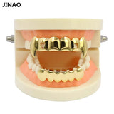 Lianfudai Gold Color Plated Hip Hop Teeth Grills Caps Hollow Heart Square Top&Bottom vampire teeth Grillz Set for Halloween Party