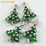 Lianfudai 10PCS Green Enamel Small Christmas Tree Charms Wholesale Christmas Deco Handmade Crafts Necklace Pendant Accessory Jewelry