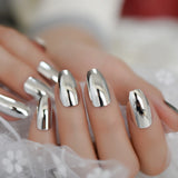 Lianfudai Bright Silver Artificial Mirror Nails Set Coffin Shaped Nail Metallic Chrome Acrylic Nail Kit with Adhesive Tabs