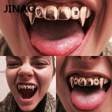 Lianfudai Gold Color Plated Hip Hop Teeth Grills Caps Hollow Heart Square Top&Bottom vampire teeth Grillz Set for Halloween Party