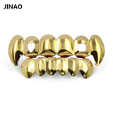 Lianfudai Gold Color Plated Hip Hop Teeth Grills Caps Hollow Heart Square Top&Bottom vampire teeth Grillz Set for Halloween Party