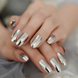 Lianfudai Bright Silver Artificial Mirror Nails Set Coffin Shaped Nail Metallic Chrome Acrylic Nail Kit with Adhesive Tabs