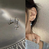 Lianfudai Korean Fashion Zircon Crystal Cross Women Stud Earrings for Gothic Punk Hip Hop Female Piercing Dangle Earrings Party Jewelry