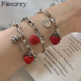 Lianfudai Silver Color Thick Chain Bracelets for Women Trendy Elegant Charming Sparkling Strawberry Zircon Party Jewelry