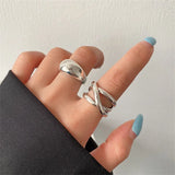 Lianfudai  Sterling Silver Irregular Water Droplets Cross Ring Female Simple Retro Style Handmade Jewelry