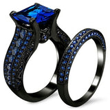 Lianfudai Fashion Black Gold Color Women Rings Set Elegant Blue Cubic Zircon Rhinestone Rings For Women Wedding Band Anniversary Jewelry