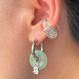 Lianfudai New Unique Green Jade Round Stainless Steel Hoop Earrings For Women Vintage Elegant Earclip Earrings Statement Jewelry