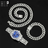 Lianfudai Hip Hop 13MM 3PCS KIT Watch+Necklace+Bracelet Bling Crystal AAA+ Iced Out Cuban Chain Rhinestones Chains For Women Men Jewelry