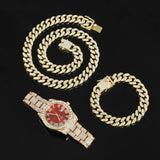 Lianfudai Hip Hop 13MM 3PCS KIT Watch+Necklace+Bracelet Bling Crystal AAA+ Iced Out Cuban Chain Rhinestones Chains For Women Men Jewelry