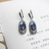 Lianfudai Oval Crystal Earrings With Blue Stone Retro Style Ear Drop Black Rhinestone Vintage Jewelry Wholesale