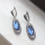 Lianfudai Oval Crystal Earrings With Blue Stone Retro Style Ear Drop Black Rhinestone Vintage Jewelry Wholesale