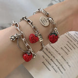 Lianfudai Silver Color Thick Chain Bracelets for Women Trendy Elegant Charming Sparkling Strawberry Zircon Party Jewelry