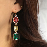 Lianfudai Lovely Gold Color Deep Red Yellow Light Rose Blue and Green Stone Square Oval Linked Drop Earring For Women Party Gift Jewelry