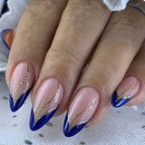 Lianfudai Blue French Curve Water Drop Almond Golden Nail Art