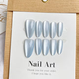 Lianfudai Blue Cat's Almond Wear Piece White Nail Art